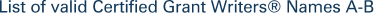 List of valid Certified Grant Writers® Names A-B